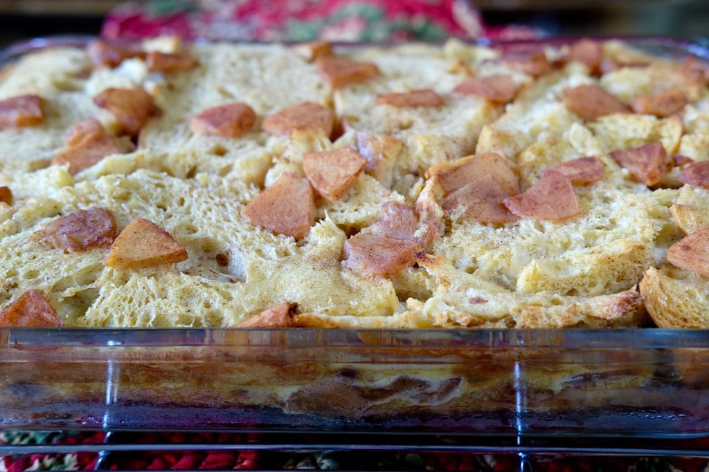 Apple Cinnamon Strata in baking casserole fresh out of the oven