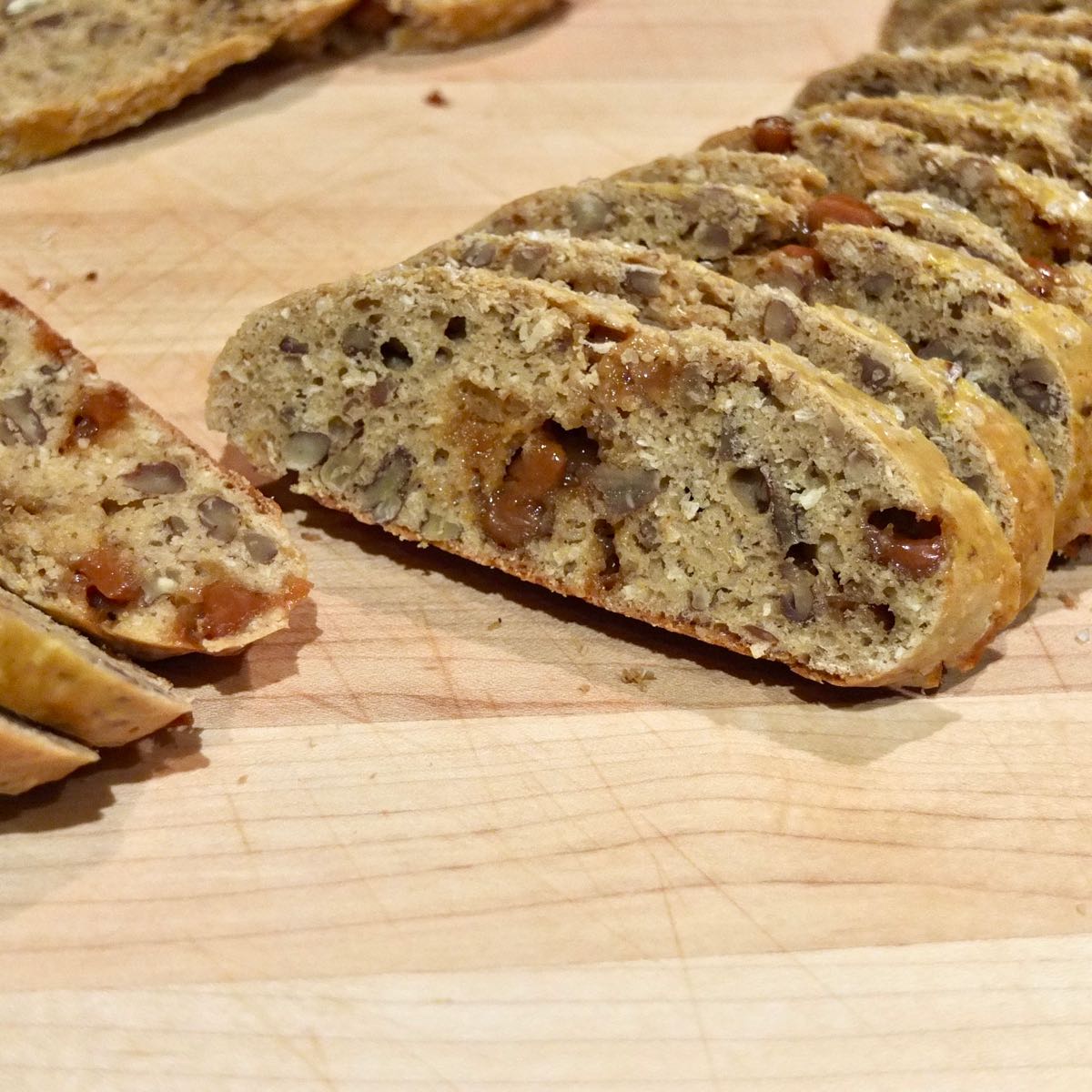 Maple Pecan Biscotti on maple cutting board