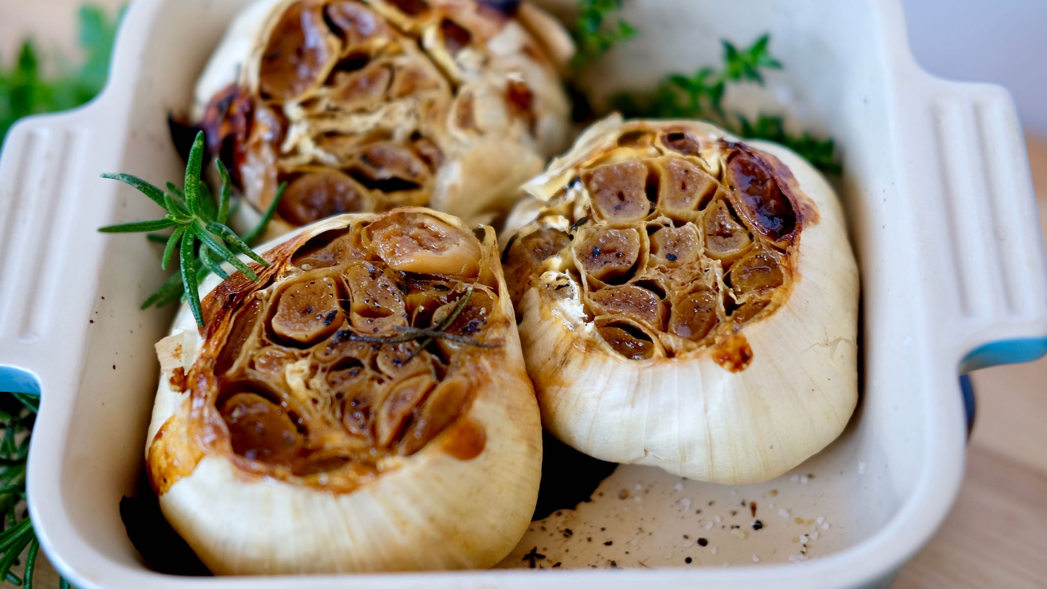 Roasted Garlic in roasting dish