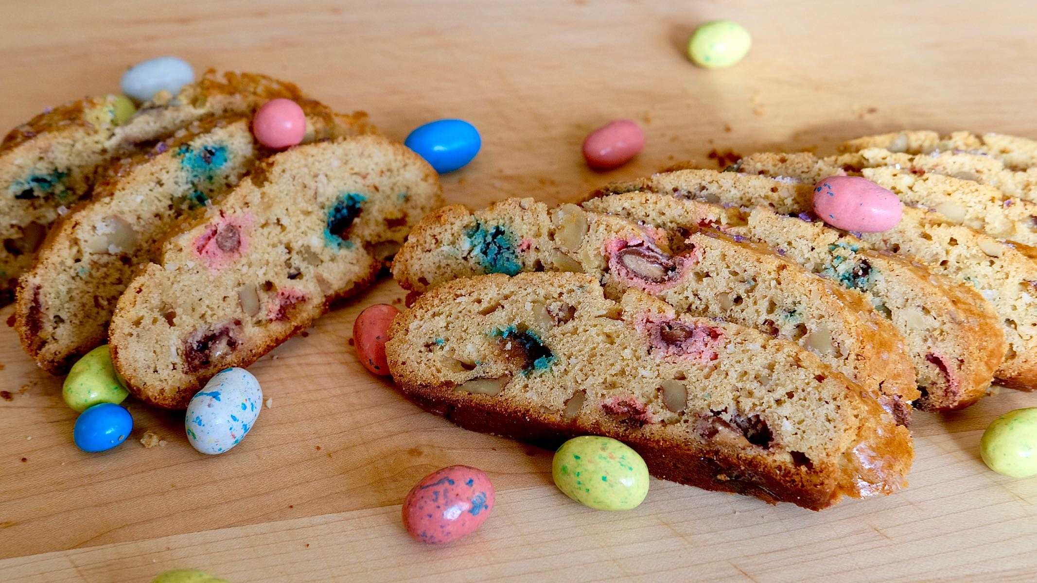 Robin Egg Biscotti on maple cutting board