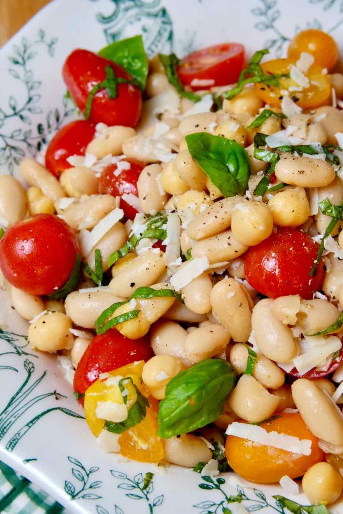 Sicilian Bean and Tomato Salad served in white and green Toscana Bowl.
