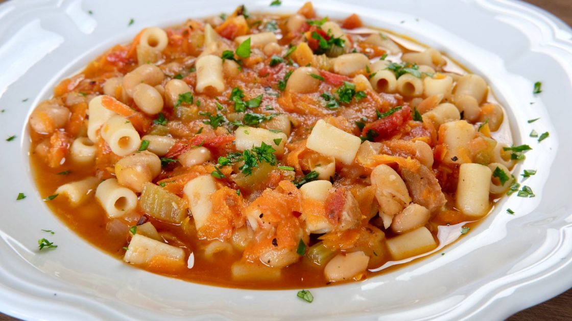 Pasta E Fagioli in white soup bowl