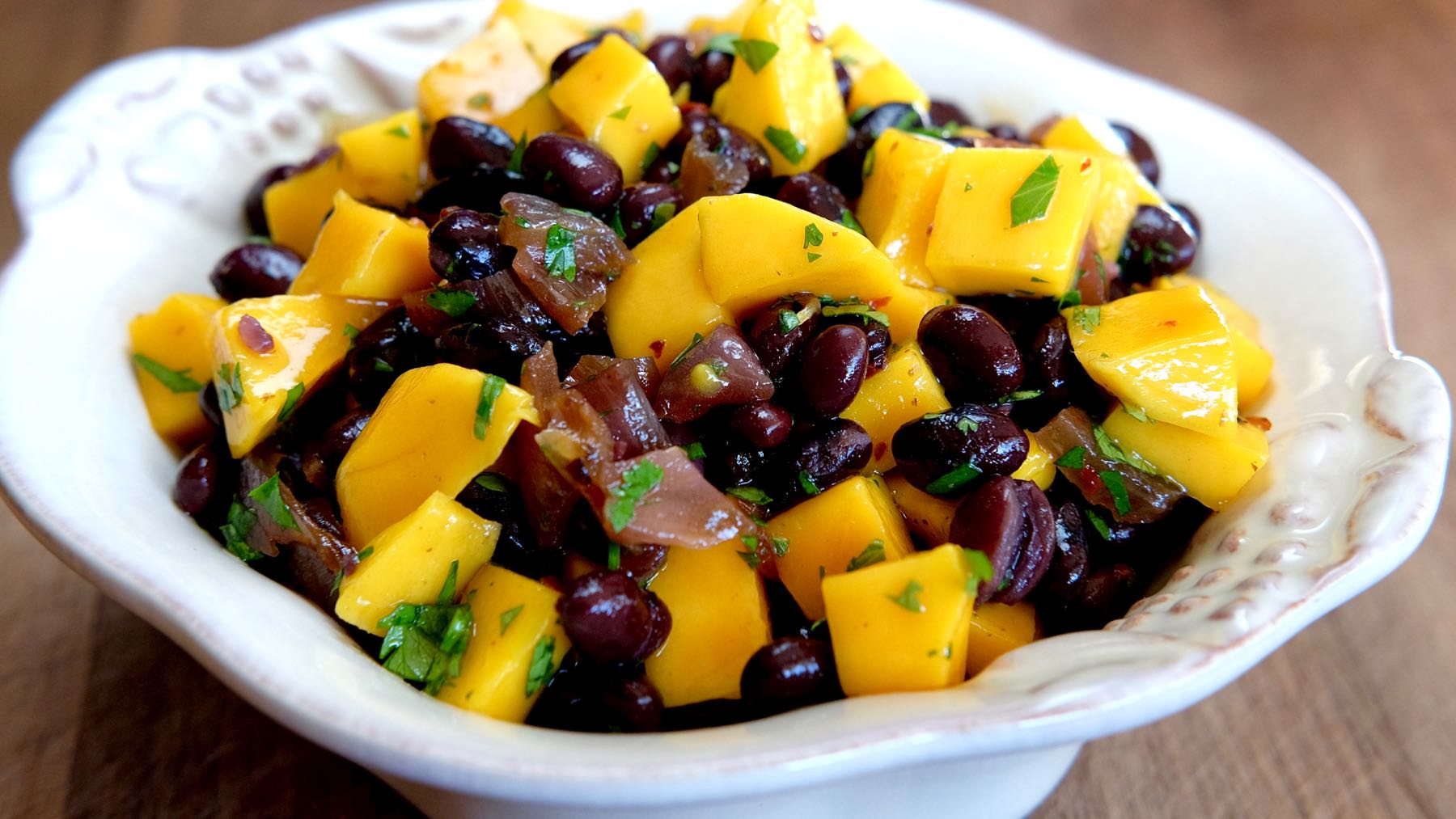 Spicy Black Bean Salad with Mango in Ivory serving bowl