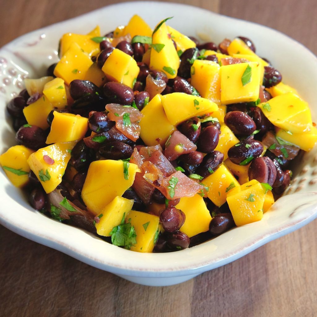 Spicy Black Bean Salad with Mango in Ivory Serving Bowl