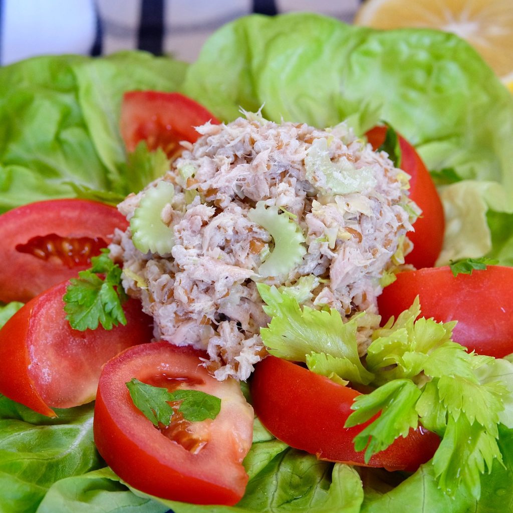 Tuna Salad on overlay of butter leaf lettuce and tomato wedges with cut lemon in background