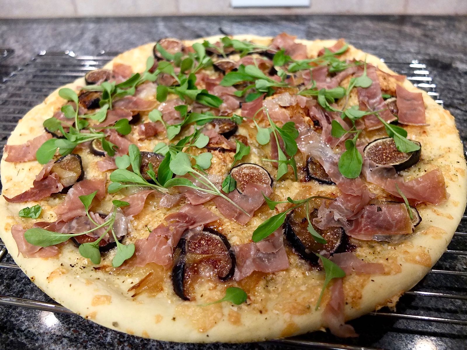 About Fig and Prosciutto Pizza on Cooling Rack