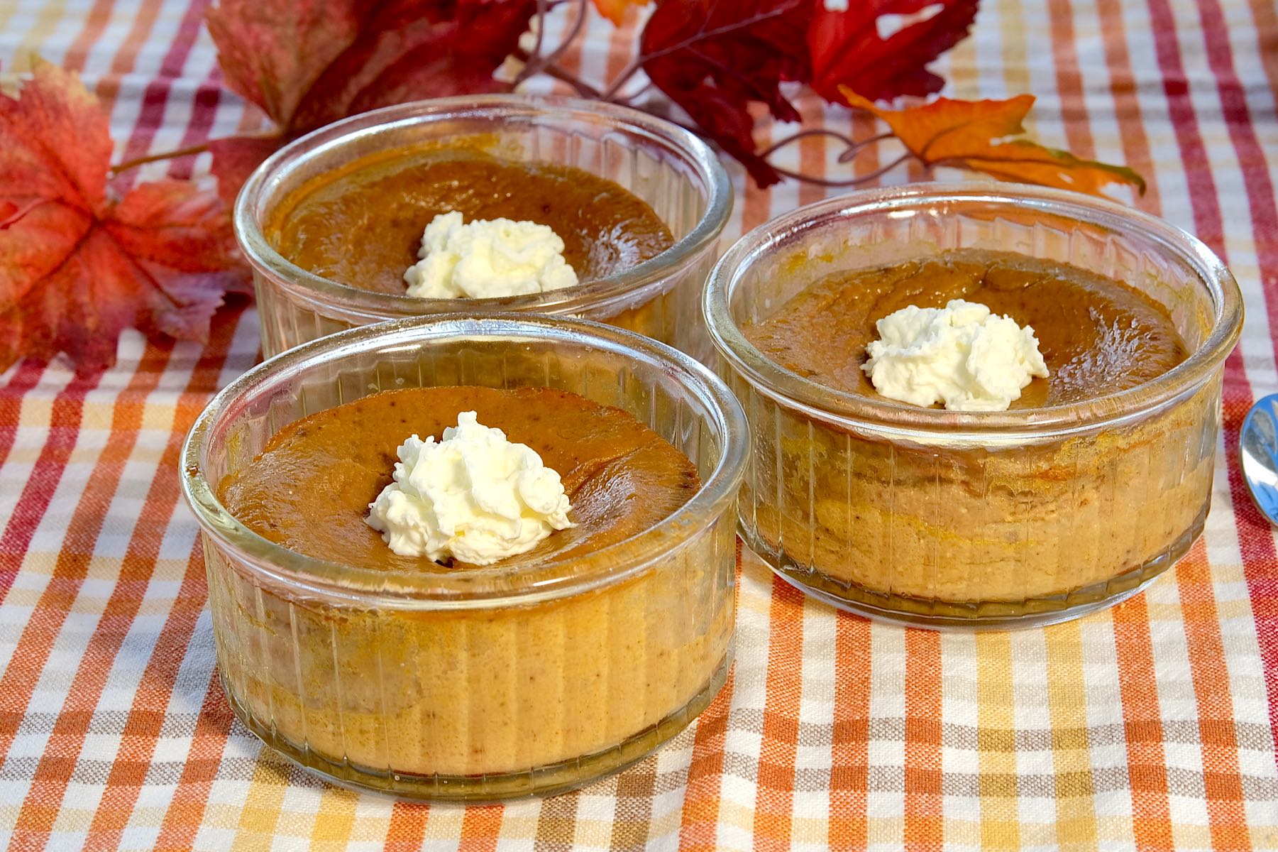 Pumpkin Custard Cups on fall plaid overlay.