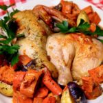 Lemon-Herb Roasted Chicken with Roasted Sweet Potatoes on platter