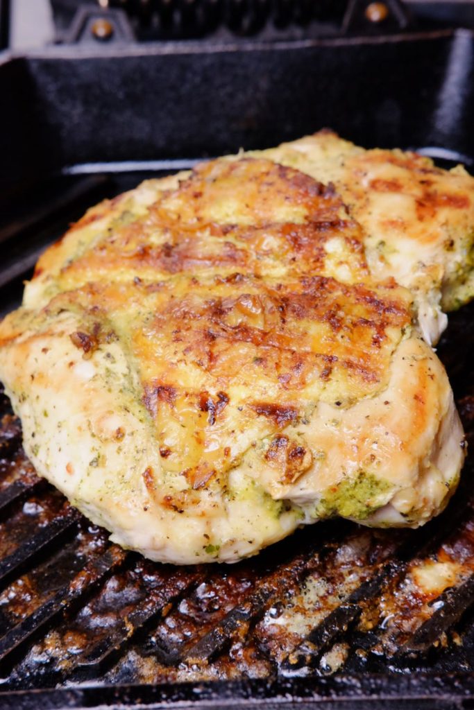 Baked Chicken rubbed with Spicy Jalapeno Pesto in cast iron grill pan.