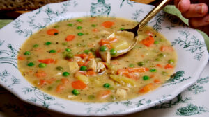 Chicken pot pie soup served in a white and green soup bowl set on a matching charger showing spoon pulled out of soup with bite shot of rich creamy soup